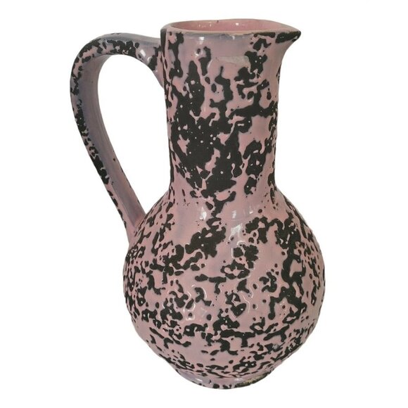 Vintage McCoy Brocade Pink on Black Pitcher 1950's Splatter Drip Glaze Server - Picture 3 of 9